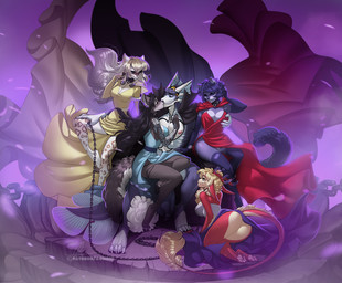 5_fingers anthro biped black_hair blonde_hair blue_clothing blue_dress breasts clothed clothing collar dress eyes_closed female fingers fur group hair kissing male purple_hair red_clothing red_dress yellow_clothing yellow_dress aomori jade_(airheart) naavinia shada_(dharc261) viktor_(lord-eredar) canid canine felid feline mammal 2019 character_request digital_media_(artwork)