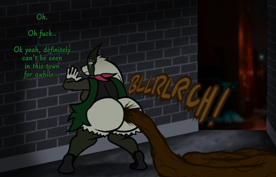 alley anthro big_butt bottomless butt clothed clothing dialogue excessive_feces feces female footwear fur green_body green_fur hand_on_wall huge_butt hyper hyper_feces mask pooping profanity rear_view scatplay shoes solo text thick_thighs topwear wide_hips yikki nintendo pokemon rosaria_(yikki) generation_9_pokemon meowscarada pokemon_(species) 2024 absurd_res digital_drawing_(artwork) digital_media_(artwork) english_text hi_res