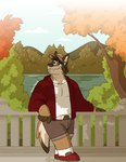 anthro arm_support biped body_hair bottomwear chest_hair clothing cloud day eyebrows facial_hair fade_to_white footwear happy_trail hat headgear headwear hoodie lake leaning_on_elbow leaning_on_fence male male_anthro nature outside plant raised_eyebrow red_clothing red_hoodie red_topwear shirt shoes shorts shrub sky smile socks solo standing topwear tree nardodraws animal_humanoid canid canine humanoid mammal mammal_humanoid halftone hi_res signature
