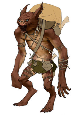 5_fingers 5_toes angry anthro backpack bag blue_eyes bone bottomwear brown_body brown_claws brown_skin claws clothing digitigrade ear_piercing facial_piercing feet fingers fur jewelry loincloth male markings mostly_nude navel necklace nose_piercing piercing sharp_teeth simple_background solo standing straps tan_body tan_fur teeth toe_claws toes white_background unknown_artist electronic_arts kingdoms_of_amalur:_reckoning kobold_(amalur) mammal monster concept_art official_art