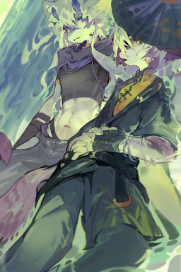 anthro black_clothing black_topwear blue_horn clothed clothing duo female female_anthro fur hair horn male male_anthro messy_hair multicolored_hair navel open_mouth purple_eyes purple_hair red_hair standing topwear two_tone_hair white_body white_fur white_hair carbonizedaki mythology dragon furred_dragon furred_scalie mythological_creature mythological_scalie scalie species_request hi_res