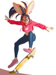 anthro clothing ear_piercing female fingerless_(marking) fur hair hoodie long_hair midair midriff multicolored_hair piercing ponytail simple_background skateboard skateboarding smile solo tan_body tan_fur topwear two_tone_hair vehicle white_background kemari acerola_(kemari) lagomorph leporid mammal rabbit 3:4 absurd_res hi_res