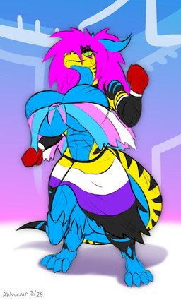 4_toes abs abstract_background anthro balls belly big_balls big_breasts big_penis black_stripes blue_belly boxing_gloves breasts clothing feet genitals gynomorph hair handwear huge_balls huge_breasts huge_penis hyper hyper_balls hyper_genitalia hyper_penis ineffective_clothing intersex lgbt_pride long_hair looking_at_viewer low-angle_view magenta_hair multi_genitalia multi_penis navel nonbinary_pride_colors penis pride_colors solo spiked_glans standing stripes toes transgender_pride_colors vein veiny_penis yellow_body ahkvenir mythology ahkvenir_serrana dragon mythological_creature mythological_scalie scalie hi_res