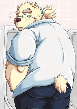 anthro bodily_fluids butt cigarette clothed clothing coat eyewear fully_clothed fur genital_fluids glasses hair lab_coat male peeing ponytail rectangular_glasses smoking solo tan_body tan_fur topwear urinal chobikuma lifewonders tokyo_afterschool_summoners leib_(tas) bear mammal polar_bear ursine 2019 hi_res