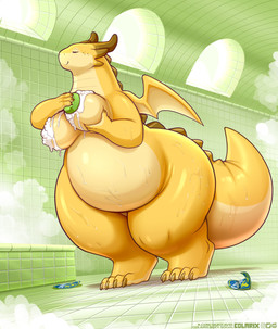 anthro big_breasts biped breasts claws countershade_face countershade_neck countershade_scales countershade_tail countershade_torso countershading detailed_background digitigrade eyelashes eyes_closed female fingers front_view glistening glistening_body holding_breast inside membrane_(anatomy) membranous_wings nude obese overweight scales smile solo standing suds tail thick_thighs toe_claws wet wet_body wings yellow_body colarix mythology chiquita_(colarix) dragon mythological_creature mythological_scalie scalie absurd_res full-length_portrait hi_res portrait