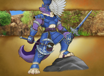 anthro armor axe battle_axe claws fur holding_melee_weapon holding_object holding_sword holding_weapon male melee_weapon muscular muscular_anthro muscular_male purple_body purple_fur solo sword tail weapon corrsk canid canine fox mammal hi_res