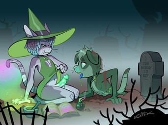 anthro biped bodily_fluids book brown_body cemetery claws cleavage_cutout closed_smile clothed clothing clothing_lift countershade_face countershading crossdressing cutout dreadlocks dress dress_lift drooling duo ear_piercing ear_ring erection eyebrows femboy floppy_ears genitals green_clothing green_dress green_hat green_headwear grey_body grey_hair hair hairless half-closed_eyes hat headgear headwear kneeling looking_at_another looking_at_genitalia looking_at_penis magic magic_user male male/male mouth_closed multicolored_body narrowed_eyes navel necromancer night open_mouth partially_clothed penis piercing pink_nose presenting presenting_penis ring_piercing saliva side_view smile teeth text tombstone tongue tongue_out two_tone_body white_body witch_hat somik canid canine canis domestic_cat domestic_dog felid feline felis hairless_cat mammal sphynx_(cat) 2020 english_text