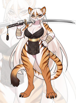 4_toes 5_fingers anthro arm_scar asian_clothing big_breasts black_claws breasts brown_eyebrows brown_markings cheek_tuft chest_scar claws clothing collarbone east_asian_clothing emotionless eyebrows eyelashes facial_tuft feet female fingers fur hair hair_between_eyes hand_on_hip holding_katana holding_melee_weapon holding_object holding_sword holding_weapon japanese_clothing katana long_eyelashes long_hair looking_at_viewer markings melee_weapon muscular muscular_anthro muscular_arms muscular_female orange_body orange_fur paws pink_nose scar small_waist solo standing striped_body striped_markings striped_tail stripes sword tail tail_markings thick_thighs toes tuft weapon white_body white_fur white_hair yellow_eyes hestid felid mammal pantherine tiger absurd_res colored digital_drawing_(artwork) digital_media_(artwork) full-length_portrait hi_res portrait shaded