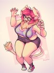 anthro big_breasts bottomwear breast_squish breasts claw_pose clothed clothing eyewear female glasses hair mane mane_hair one_eye_closed open_mouth open_smile short_overalls shorts slightly_chubby slightly_chubby_female smile solo squish wink strawbstack strawberry_(strawbstack) felid feline lion mammal pantherine hi_res