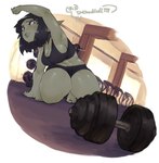 black_hair bodily_fluids bottomwear breasts cleavage clothed clothing crop_top dumbbell exercise female green_body gym hair humanoid_pointy_ears kneeling pointy_ears red_eyes shirt shorts side_boob solo stretching sweat sweatdrop topwear treadmill weights workout dasburstling goblin humanoid absurd_res hi_res