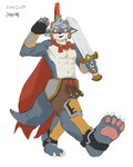 abs anthro armor cape clothing headgear helmet knee_pads male melee_weapon simple_background solo sword weapon white_background joeyzliaotang canid canine canis mammal wolf absurd_res hi_res