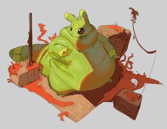 2_toes 3_fingers ambiguous_gender anthro belly big_belly black_eyes feet fingers grass green_body huge_belly obese obese_ambiguous obese_anthro overweight overweight_ambiguous overweight_anthro plant semi-anthro solo standing toes citrusslugcat rain_world videocult citrus_(slugcat) slugcat