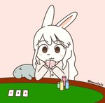 anthro blush card_game female fur furniture gaming poker poker_chip poker_table simple_background smile solo table white_body white_fur manatails manateebun_(manatails) lagomorph leporid mammal manatee marine rabbit sirenian hi_res