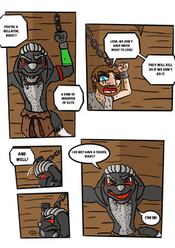 anthro black_body black_fur dialogue dungeon duo fantasy fur male text tribal yellow_eyes garrus368 arboj_(garrus368) nova_(garrus368) canid canine human mammal wiffen_(specie) comic english_text hi_res