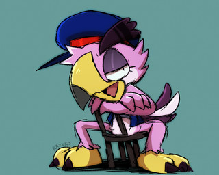 2_toes 4_fingers anthro beak bottomless bottomless_anthro bottomless_male chair claws clothed clothing countershade_face countershade_torso countershading crossed_arms delivery_(commerce) delivery_employee eyebrows eyelashes eyeshadow feathers featureless_crotch feet fingers furniture hat headgear headwear jacket looking_at_viewer makeup male multicolored_body pink_body pink_feathers pose postal_carrier postal_delivery purple_body purple_feathers shirt sitting smile solo spread_legs spreading talons thick_eyebrows toes tongue topwear tuft two_tone_body yellow_beak conditional_dnp kazoko_(artist) jasper_the_delivery_bird_(kazoko) avian bird flamingo