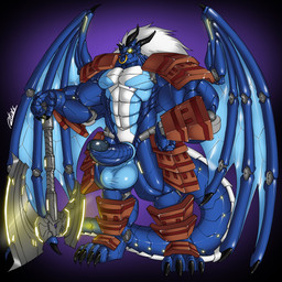 anthro armor axe balls big_balls big_penis biped cybernetics erection facial_piercing genitals glowing glowing_eyes hair horn humanoid_genitalia humanoid_penis machine male melee_weapon muscular muscular_anthro muscular_male nose_piercing penis piercing septum_piercing solo standing tail weapon wings rhinoking mythology cyborg dragon mythological_creature mythological_scalie scalie 1:1 absurd_res hi_res