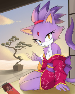 anthro arm_support black_nose breasts cleavage clothed clothing female forehead_gem fur gem hair looking_at_viewer off_shoulder purple_body purple_ears purple_fingers purple_fur purple_hair purple_hands purple_head purple_legs purple_tail tail white_body white_breasts white_fur skyversa sega sonic_the_hedgehog_(series) blaze_the_cat domestic_cat felid feline felis mammal absurd_res hi_res