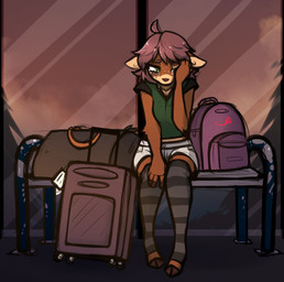 5_fingers ahoge anthro antlers backpack bench bodily_fluids bottomwear breasts brown_body brown_fur clothed clothed_anthro clothed_female clothing cloven_hooves crying detailed_background female fingers front_view fully_clothed fully_clothed_anthro fully_clothed_female fur green_clothing green_eyes green_shirt green_topwear hair hooves horn inside leggings legwear looking_down luggage on_bench pattern_clothing pattern_legwear pink_hair shirt sitting sitting_on_bench solo striped_clothing striped_legwear stripes tears thigh_highs topwear window mewgle lucy_(mewgle) deer mammal 2025 digital_drawing_(artwork) digital_media_(artwork) hi_res
