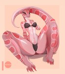 abs annaklava anthro biped black_bra black_clothing black_panties black_underwear bra breasts claws clothed clothing colubrid corn_snake feet female full_frontal glistening glistening_body hi_res lampropeltini lingerie long_tail medium_breasts navel non-mammal_breasts panties pink_body pink_scales plant rat_snake reptile scales scalie simple_background smile snake solo spots spread_legs spreading tail thick_thighs toe_claws toes underwear underwear_only