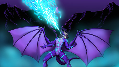 animal_genitalia anthro athletic athletic_anthro athletic_male blue_markings fire genital_slit genitals hair horn male markings muscular nipples purple_body scales solo tail ventral_scales white_hair wings za-owl mythology grydir_dacanoor_(griffonki) dragon mythological_creature mythological_scalie scalie absurd_res hi_res