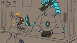 anthro blue_eyes bowl claws container duo female fin food machine male protogen_visor size_difference slug_tail tail visor hunamarts kazumi_(maar) mizu_(protogen) maar protogen 16:9 hi_res widescreen