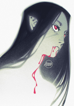 black_hair blood blood_from_mouth blood_in_mouth bodily_fluids eyelashes female hair humanoid_pointy_ears logo long_hair not_furry pale_skin pointy_ears red_eyes simple_background solo text white_background azuza humanoid vampire 2024 artist_logo artist_name bust_portrait dated hi_res portrait