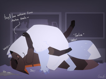 anthro back_markings bed bedroom bedroom_sex big_dom_small_sub blue_body blue_fur boots_(marking) butt detailed_background dominant duo ear_markings facial_markings fangs female female_penetrated fingers from_front_position fur furniture gloves_(marking) grey_body grey_fur head_markings hug hugging_another larger_male leg_markings lying male male/female male_penetrating markings married_couple mask_(marking) missionary_position nude on_back on_bed onomatopoeia open_mouth orange_body orange_fur penetration raised_leg romantic romantic_couple romantic_sex sex shlick size_difference skinny_female smile socks_(marking) sound_effects tail tail_markings tails_touching teeth text thick_neck thick_tail tuft vaginal vaginal_penetration white_body white_fur snow_the_arctic_fox(artist) quokka's_wild_life_(series) david_(quokka's_wild_life) mel_(quokka's_wild_life) arctic_fox canid canine cross_fox fox mammal red_fox true_fox 2025 4:3 colored digital_drawing_(artwork) digital_media_(artwork) english_text hi_res lineless signature