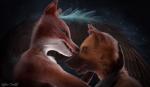 2016 3d_(artwork) angel anthro canid canine canis digital_media_(artwork) domestic_dog duo female fox kissing mammal simple_background zefirotreddi