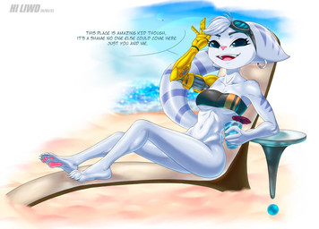 anthro beach beverage big_ears bikini black_bikini black_clothing black_swimwear blue_eyes blue_stripes bottomless breasts cleavage clothed clothing cybernetic_arm cybernetic_limb dialogue ear_piercing eyelashes eyewear eyewear_on_head feet female front_view fur goggles goggles_on_head grey_body grey_fur head_tuft holding_beverage holding_object looking_at_viewer markings navel open_mouth open_smile pawpads piercing pink_nose sea sitting smile solo speech_bubble striped_markings striped_tail stripes swimwear tail tail_markings talking_to_viewer text thick_thighs tuft two-piece_swimsuit under_boob water wide_hips hiliwd ratchet_and_clank sony_corporation sony_interactive_entertainment rivet_(ratchet_and_clank) lombax mammal english_text