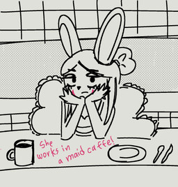anthro cafe cafeteria clothing dress female food fur fur_markings furniture head_on_hand looking_at_viewer maid_uniform markings ornament restaurant simple_background solo table uniform bimbo_brine bee_(bimbo_brine) humanoid lagomorph leporid mammal rabbit hi_res