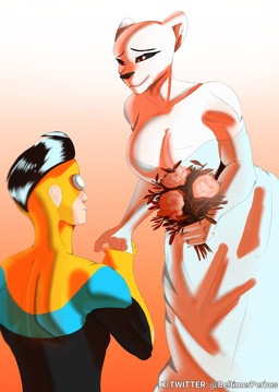 abstract_background amber_eyes anthro armwear big_breasts black_hair black_sclera bouquet breasts cleavage clothed clothing dress duo elbow_gloves female flower flower_bouquet fur gloves hair hand_holding handwear light-skinned_male light_body light_skin male male/female plant short_hair smile superhero text wedding_dress white_body white_clothing white_fur white_gloves white_handwear beltimerperbus image_comics invincible_(image_comics) invincible_(character) mark_grayson thokk's_daughter felid humanoid lion mammal pantherine viltrumite 2025 artist_name digital_drawing_(artwork) digital_media_(artwork) hi_res url watermark