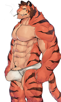 abs anthro barely_contained barely_contained_penis black_body black_fur briefs brown_hair bulge cigarette clothed clothing countershading detailed_bulge erection erection_under_clothing facial_scar fur genital_outline genitals hair looking_at_viewer male manly multicolored_body multicolored_fur muscular muscular_anthro muscular_male orange_body orange_fur pecs penis penis_outline penis_poking_out scar simple_background smoking solo tan_body tan_fur tighty_whities underwear white_briefs white_clothing white_underwear impwitter felid mammal pantherine tiger 2021 absurd_res hi_res