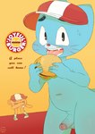 anthro food foreskin genitals male penis solo text young young_anthro threek cartoon_network the_amazing_world_of_gumball darwin_watterson gumball_watterson domestic_cat felid feline felis mammal absurd_res english_text hi_res