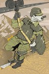 anthro armor armor_plates boots clothing combat_boots footwear gun hat headgear headwear holding_gun holding_object holding_ranged_weapon holding_weapon knife knife_in_mouth male military military_cap military_clothing military_hat military_helmet military_jacket military_pants military_uniform mountain object_in_mouth ranged_weapon riding shield shoes soldier solo uniform warrior weapon mawkvlt 2:3 hi_res