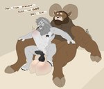 abdominal_bulge anal anal_penetration anthro balls big_balls big_horn bodily_fluids dazed deep_penetration dialogue drooling duo eye_roll eyewear eyewear_only feet foot_on_balls genitals glasses glasses_only hooves horn huge_balls hyper in_heat lactating large_penetration lemon_testicles looking_pleasured lost_in_pleasure male male/male male_lactation muscular muscular_male muscular_top nude on_bottom on_top penetration penile penile_penetration penis penis_in_ass penis_shaped_bulge reverse_cowgirl_position saliva sex size_difference smaller_penetrated spiked_penis spikes spikes_(anatomy) sweat text wearing_glasses melancholiclion mayternity yukoso_(melancholiclion) bovid caprine felid lion mammal pantherine sheep 2025 comic english_text hi_res
