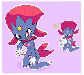 3_claws anthro black_nose blush blush_stickers border bra breasts claws clothing clothing_pull cute_fangs fangs female female_anthro fur grey_body grey_fur hand_on_leg hand_on_own_leg hand_on_own_thigh hand_on_thigh kneeling looking_at_viewer looking_down open_mouth panties panty_pull pink_blush pink_bra pink_clothing pink_panties pink_tongue pink_underwear pupils purple_background red_eyes simple_background small_breasts solo teeth tongue tongue_out torn_clothing torn_panties torn_underwear underwear underwear_pull white_border white_sclera squogs nintendo pokemon generation_4_pokemon pokemon_(species) weavile 2026 absurd_res digital_media_(artwork) hi_res