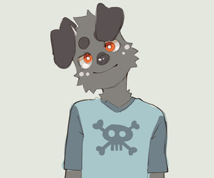 anthro biped black_clothing black_shirt black_topwear clothing floppy_ears fur grey_background grey_body grey_fur looking_at_viewer male red_eyes shirt simple_background slim_anthro slim_male solo topwear hemuchang canid canine canis domestic_dog mammal 2021 6:5 hi_res