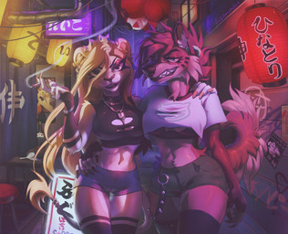 accessory alley anthro blonde_hair breasts cheek_tuft cigarette clothed clothing commercial crown detailed_background duo ear_piercing ear_ring facial_tuft female fur furgonomics gauged_ear hair hand_on_hip hand_on_shoulder headgear industrial_piercing japanese jewelry legwear long_hair looking_at_viewer midriff navel night outside piercing purple_hair ring ring_piercing smile smoke smoking tail tail_accessory tail_jewelry tail_ring tail_tuft teeth text thigh_highs topwear tuft lushminda canid canine canis felid feline mammal wolf 2021 absurd_res digital_media_(artwork) hi_res japanese_text translation_request