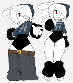 anthro arm_warmers armwear belt bottomwear clothing crop_top dark_clothing female hair leotard pants rabbit_ears red_eyes shirt smile solo topwear white_body white_hair kopito kopito_(kopito) lagomorph mammal absurd_res hi_res