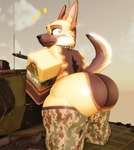 anthro balls balls_in_panties balls_in_underwear big_butt black_nose bone_collar brown_body brown_fur brown_tail bubble_butt butt camo camo_clothing camo_print camo_thigh_highs camo_thong camo_underwear clothing emphasis_lines flecktarn fur genitals german german_flag glistening glistening_butt huge_butt legwear looking_back military military_clothing military_vehicle multicolored_body multicolored_fur multicolored_tail outdoor_nudity outside pattern_clothing pattern_underwear solo standing standing_on_vehicle surprise surprised_expression surprised_eyes surprised_look tail tan_body tan_eyes tan_fur tan_tail tank thick_thighs thigh_highs thong underwear vehicle white_sclera willie_piv roblox canid canine canis domestic_dog german_shepherd herding_dog mammal pastoral_dog robloxian 2024 3d_(artwork) digital_media_(artwork) hi_res