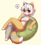 anthro areola bean_bag blush female fur grey_body grey_fur hair looking_at_viewer nipples nude pink_areola pink_nipples red_eyes smile solo white_body white_fur white_hair yellow_body yellow_fur jupiter_europe arcanis_(hahaluckyme) calico_cat domestic_cat felid feline felis mammal hi_res