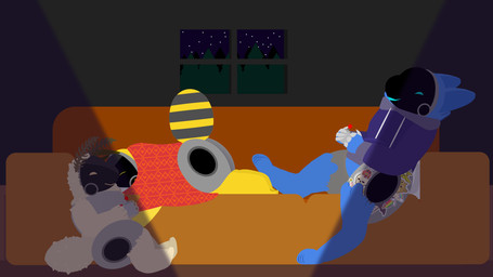 antennae_(anatomy) anthro arthropod_abdomen bedding blanket bottomless clothed clothing controller female furniture gaming group hoodie hoodie_only machine male pillow pregnant pregnant_male sleeping sofa sticker stickers_on_body topwear topwear_only trio window tf2_demo_2004 honeypot_(tf2_demo_2004) mocha_(tf2_demo_2004) stickerboard_(tf2_demo_2004) arthropod bee hybrid hymenopteran insect lepidopteran moth protogen absurd_res hi_res