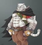 abs anthro biceps big_muscles blue_eyes clothed clothing fur kemono male muscular muscular_anthro muscular_male pecs simple_background solo white_body white_fur cuson grimoire_of_zero mercenary_(grimoire_of_zero) felid mammal pantherine tiger 2017