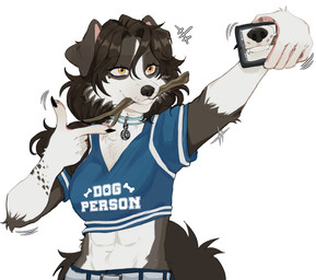 5_fingers anthro biped bottomwear breasts brown_body brown_fur brown_hair brown_tail cellphone claws clenched_teeth clothed clothed_anthro clothed_female clothing collar countershade_torso countershading electronics female finger_claws fingers front_view fully_clothed fully_clothed_anthro fully_clothed_female fur hair handpaw holding_cellphone holding_object holding_phone looking_at_cellphone looking_at_object looking_at_phone paws phone simple_background smile solo standing tail teeth topwear white_background yellow_eyes raccoattack chloe_(abananaman) canid canine canis domestic_dog mammal 2025 digital_drawing_(artwork) digital_media_(artwork) hi_res