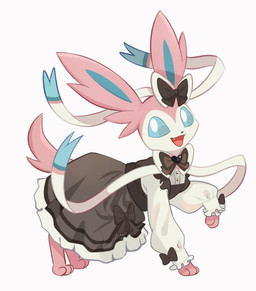 ambiguous_gender black_clothing blue_body blue_fur blue_sclera bow_ribbon clothed clothed_feral clothing cute_fangs dress fangs feral fur open_mouth paws pink_body pink_fur ribbons_(anatomy) simple_background solo teeth white_background white_body white_clothing white_eyes white_fur june_buns nintendo pokemon eeveelution generation_6_pokemon pokemon_(species) sylveon 2025 absurd_res hi_res