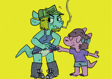 accessory angry anthro blonde_hair blue_body blue_skin boots bottomwear bow_(feature) brown_hair cigarette clean_diaper clothed clothing diaper duo ear_piercing eyebrows eyelashes footwear freckles hair hair_accessory hat headgear headwear pattern_diaper piercing pull-ups_(diaper) purple_body purple_clothing purple_shirt purple_skin purple_topwear shirt shoes shorts simple_background smoke smoking tank_top text topwear wearing_diaper cate_wurtz unknown_species