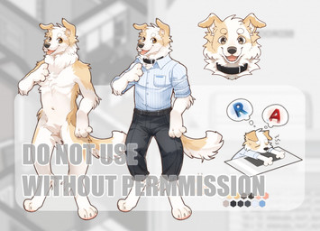 anthro black_bottomwear black_clothing black_collar black_pants blue_clothing blue_topwear bottomwear brown_eyes clothed clothing collar color_swatch featureless_crotch front_view fur glistening glistening_eyes looking_at_viewer male nude open_mouth open_smile pants simple_background smile solo standing tan_body tan_fur text tired topwear unsigned white_body white_fur asnnonaka canid canine canis domestic_dog mammal digital_media_(artwork) english_text shaded
