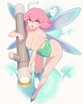 antennae_(anatomy) big_breasts big_butt breasts butt cleavage clothed clothing eyelashes fairy female footwear gradius green_clothing green_eyes green_footwear green_shoes green_towel hair hi_res holding_object holding_ranged_weapon holding_rocket_launcher holding_weapon humanoid insect_wings konami kous looking_at_viewer open_mouth parodius pink_hair ranged_weapon rocket_launcher shoes short_hair simple_background solo tan_body tan_skin thick_thighs towel towel_only weapon white_background wide_hips winged_humanoid wings