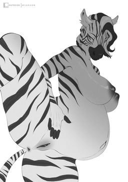 anthro anus areola belly big_belly big_breasts black_areola black_nipples black_vulva breasts female genitals hair hand_on_belly inner_ear_fluff looking_at_viewer mane markings navel nipples outie_navel pregnant pregnant_anthro pregnant_female presenting presenting_vulva smile solo striped_hair striped_markings striped_tail stripes tail tail_markings tuft vulva miuraon izzabelle_frost equid equine mammal zebra 2025 hi_res monochrome