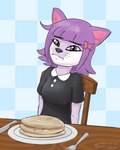 anthro black_clothing chair clothing cutlery eyebrows female food fork furniture hair kitchen_utensils knife looking_at_viewer meme_face pancake purple_body purple_eyes purple_hair shitpost solo table thick_eyebrows tools wood wood_furniture worried sufficient_(artist) vkontakte blini_cat masyunya_(vkontakte) domestic_cat felid feline felis mammal 2023 4:5 meme